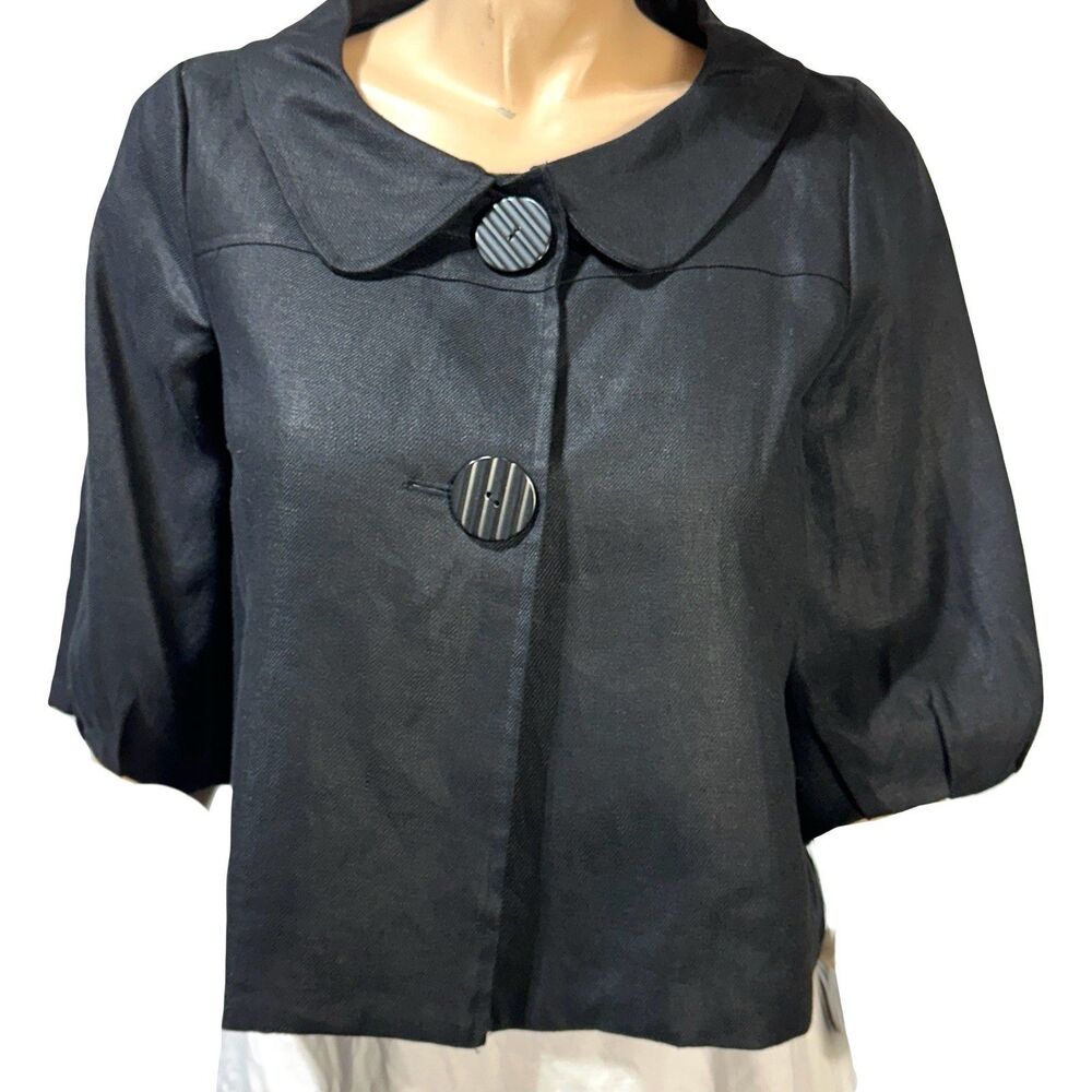 Peter Martin 100% Linen Blazer Black Retro Jacket Satin Lining Sze 6 NWT